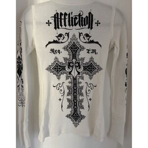 Affliction Waffle Weave Thermal Jeweled Bling Cross White Y2K Grunge Alt Top XS